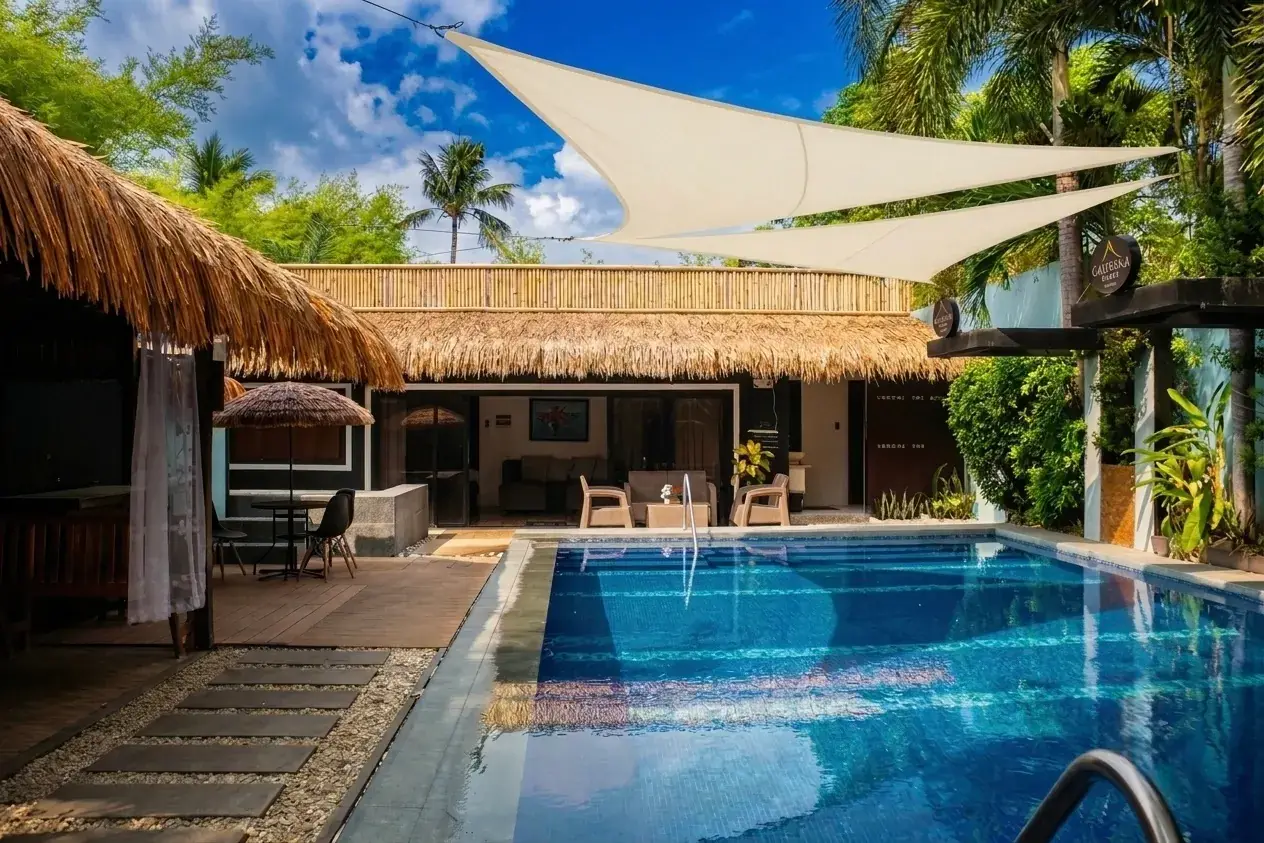 California Beach Pansol Villa 1 — private hot-spring pool under shade sails