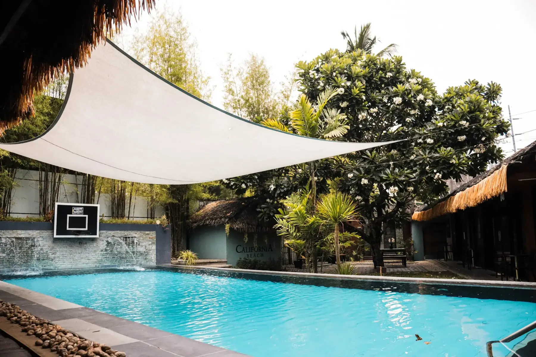 California Beach Pansol pool with shade sail and tropical garden