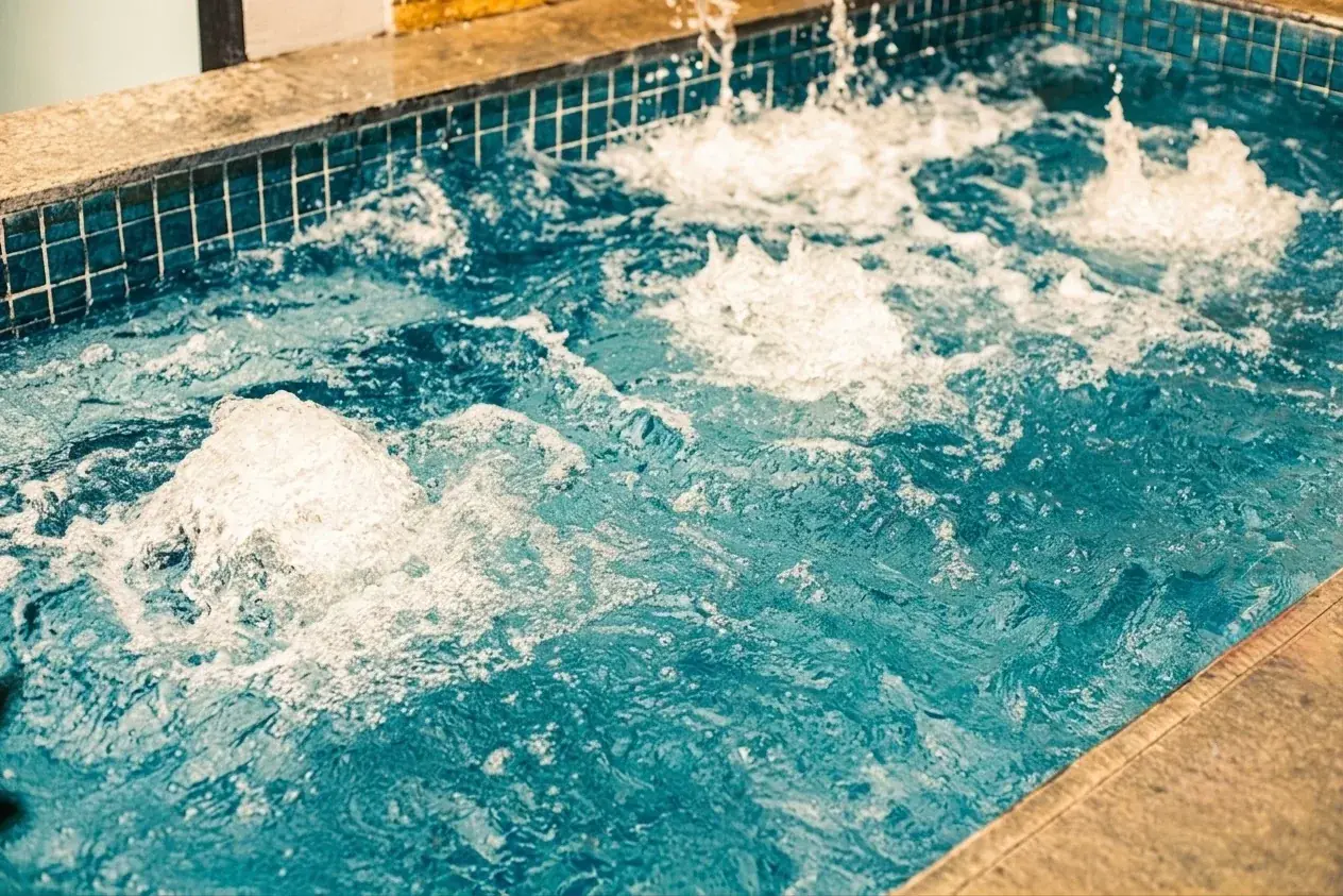 California Beach Pansol — bubbling spa jets churning the blue water of the hot-spring pool